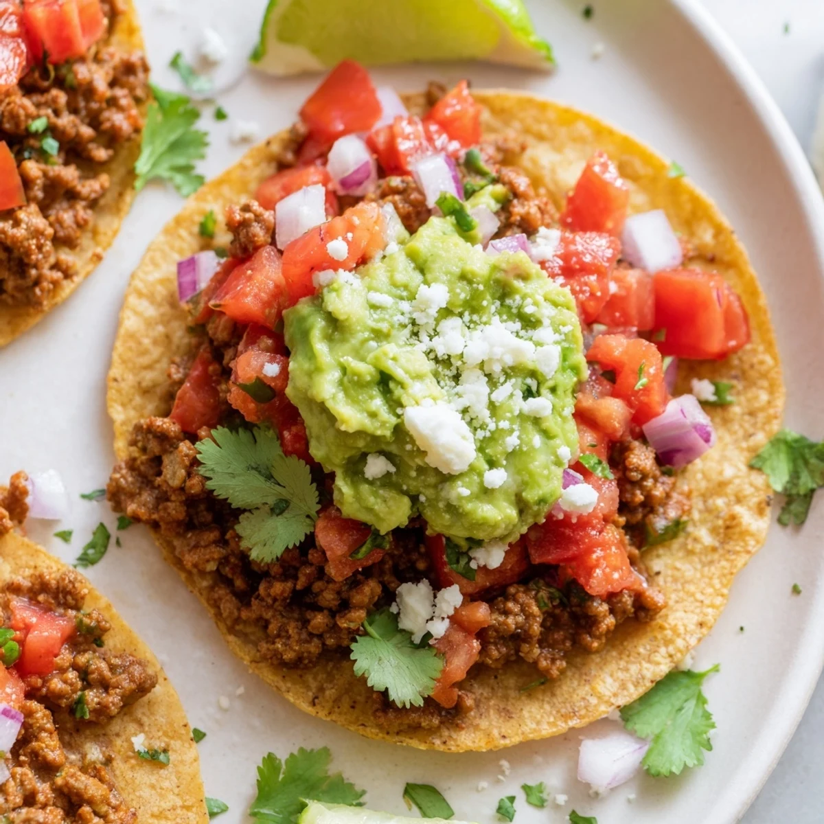Frisch zubereitete Mini Tacos mit Salsa und Guacamole auf einem hellen Teller.