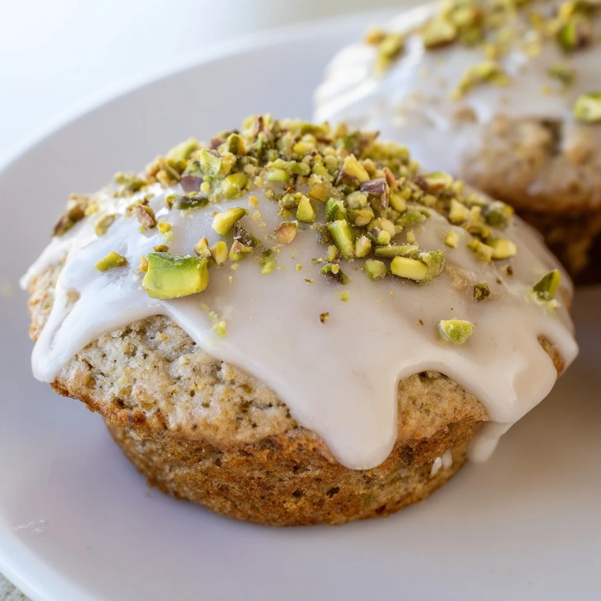 Pistachio Muffins with Vanilla Glaze are cooling on a rack, drizzled with sweet glaze and chopped nuts for breakfast.