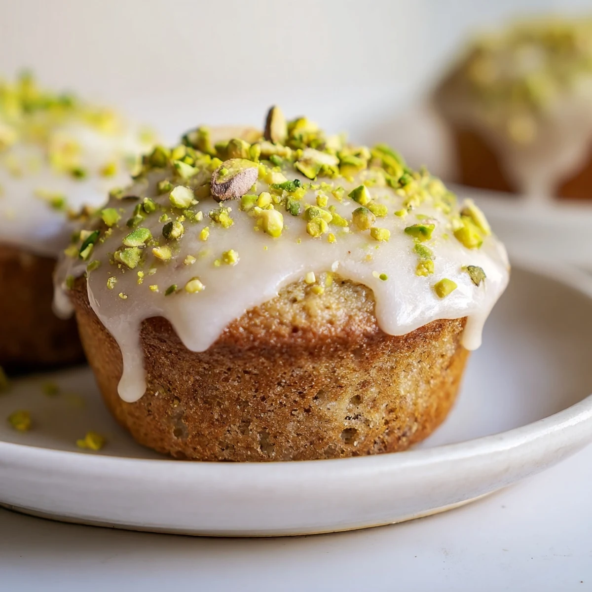 Freshly baked pistachio muffins with vanilla glaze sit on a rustic board, garnished with nuts and ready to serve.