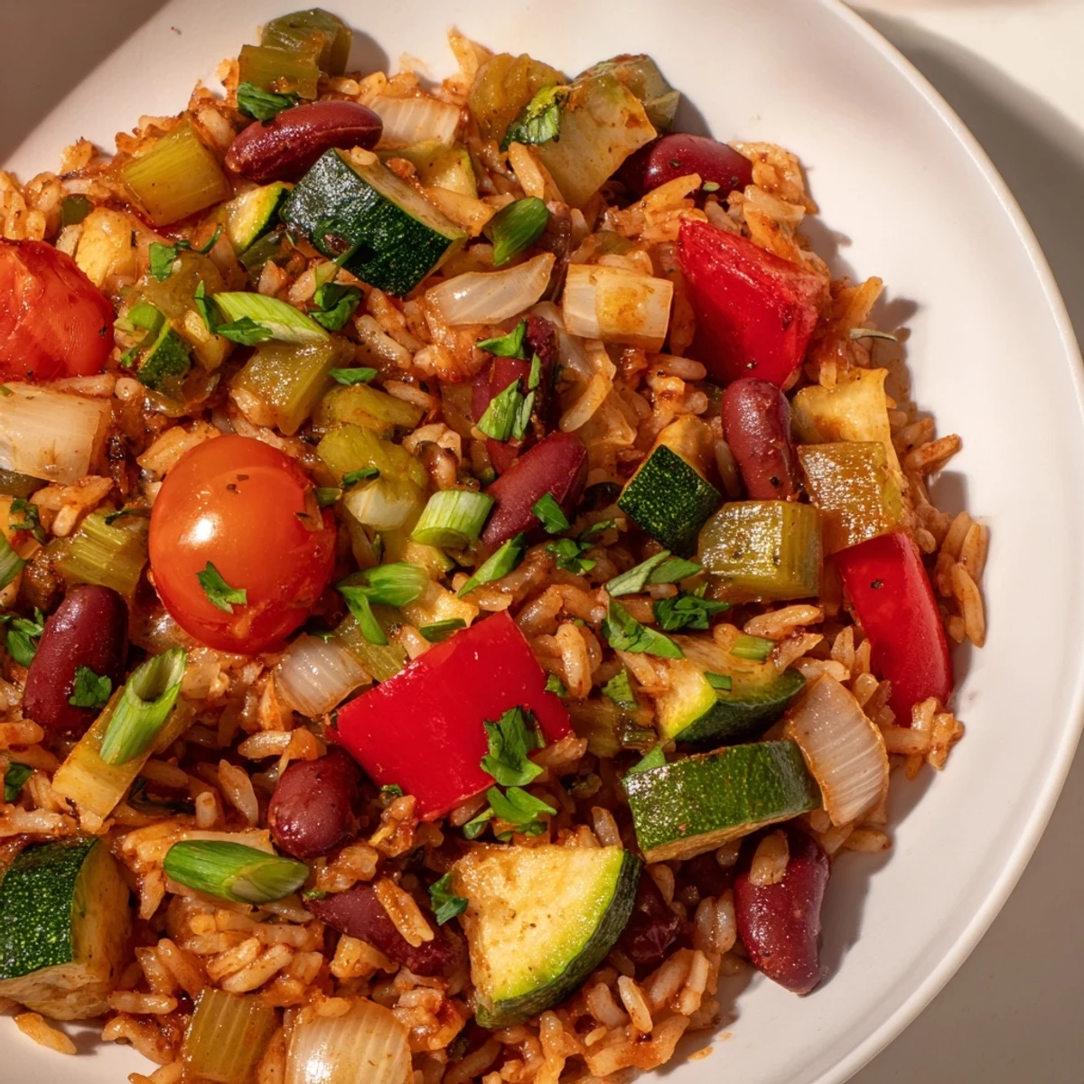 Vegetable Jambalaya with Kidney Beans simmered in a spicy Creole sauce with fluffy rice and fresh herbs.