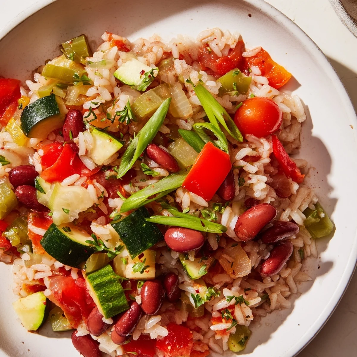 Colorful Vegetable Jambalaya with Kidney Beans served hot, garnished with green onions and lemon wedges.