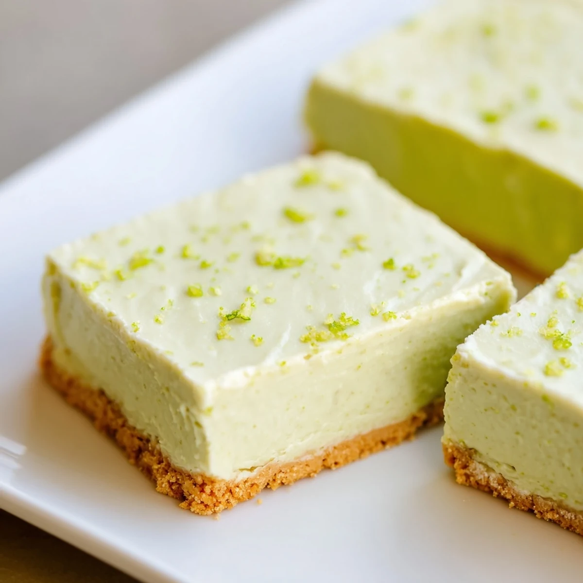 Lime Bars with Graham Cracker Crust sit on a white plate, highlighting the bright green citrus filling and golden crust for a refreshing summer dessert.