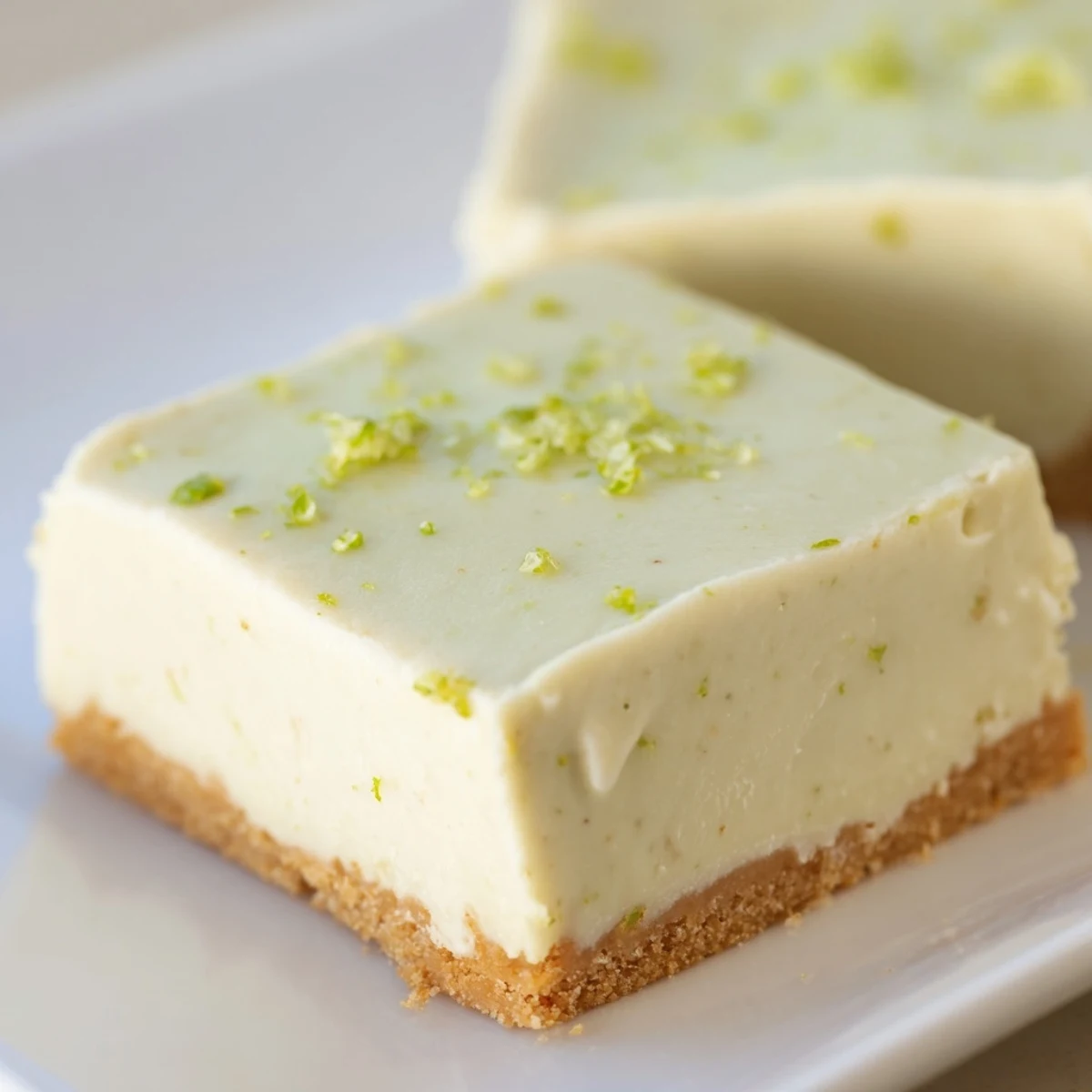 A slice of Lime Bars with Graham Cracker Crust reveals a creamy, tangy center and crumbly base, garnished with fresh lime zest.