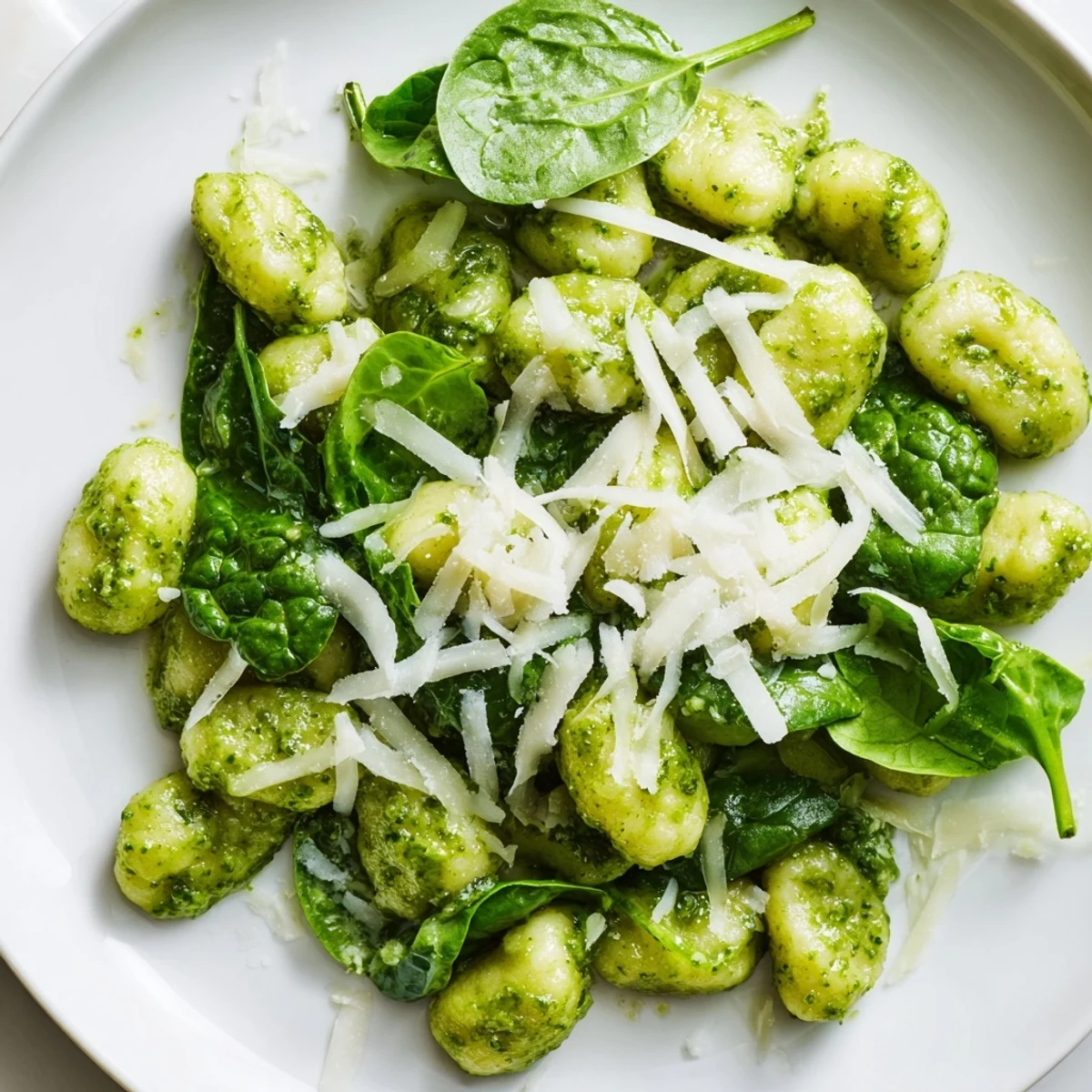 Köstliche Pesto Gnocchi mit Spinach und Parmesan, angerichtet auf einem weißen Teller mit frischem Basilikum und geriebenem Käse.
