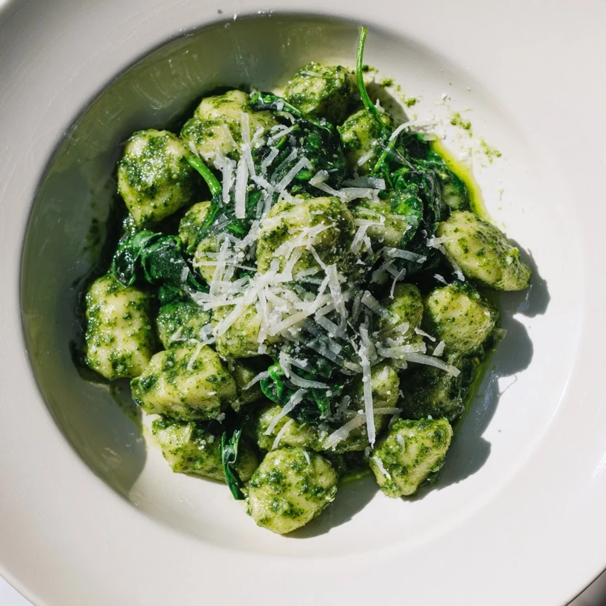 Pesto Gnocchi mit Spinach und Parmesan, würziges Basilikum-Pesto über weichen Gnocchi und frischer Babyspinat am Teller.