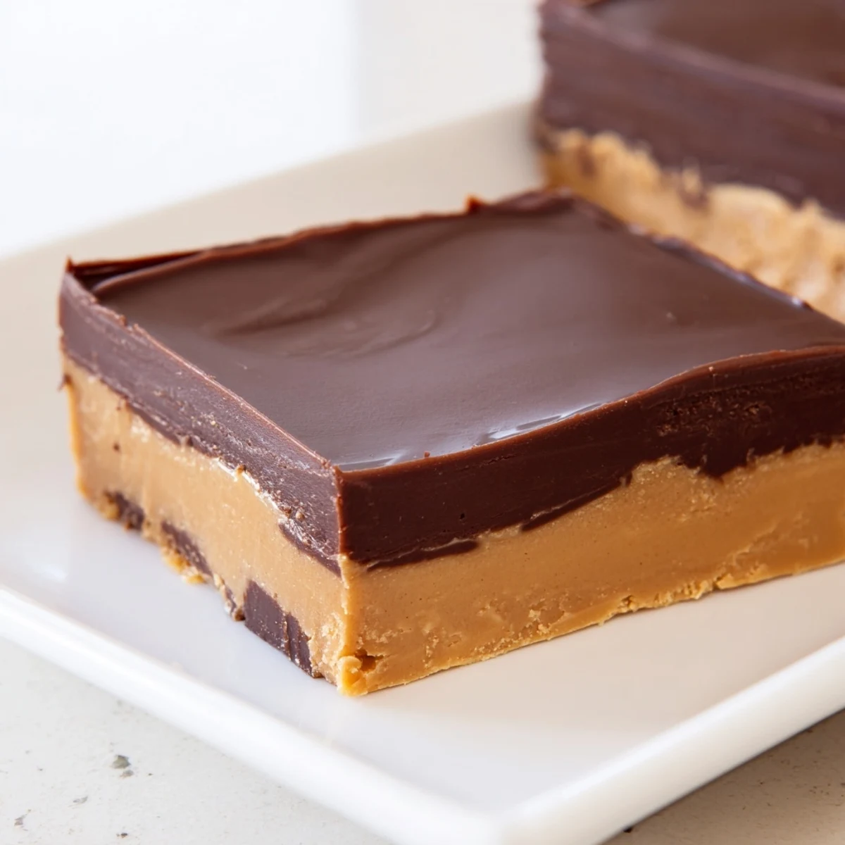 Saubere Schichten aus dunkler Schokolade und cremiger Erdnussbutter in der Chocolate Peanut Butter Fudge, geschnitten auf Backpapier.