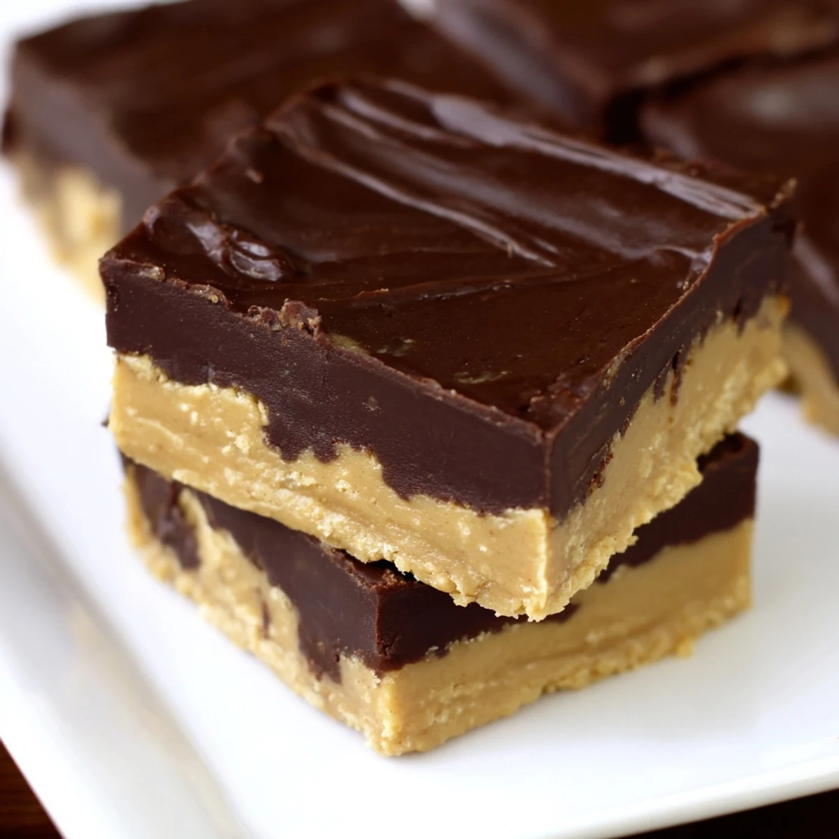 Geschmolzene Chocolate Peanut Butter Fudge in quadratischen Stücken mit gerösteten Erdnüssen bestreut und auf einem Holzbrett serviert.