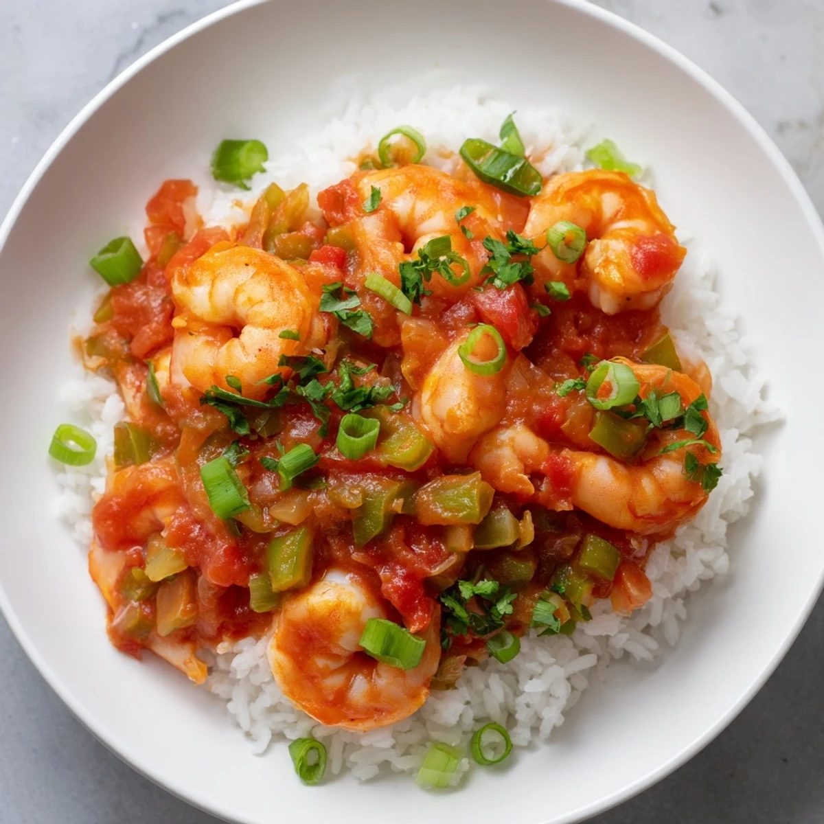Frisch gekochte Mardi Gras Shrimp Creole serviert auf fluffy Reis, garniert mit grünen Zwiebeln und Petersilie.