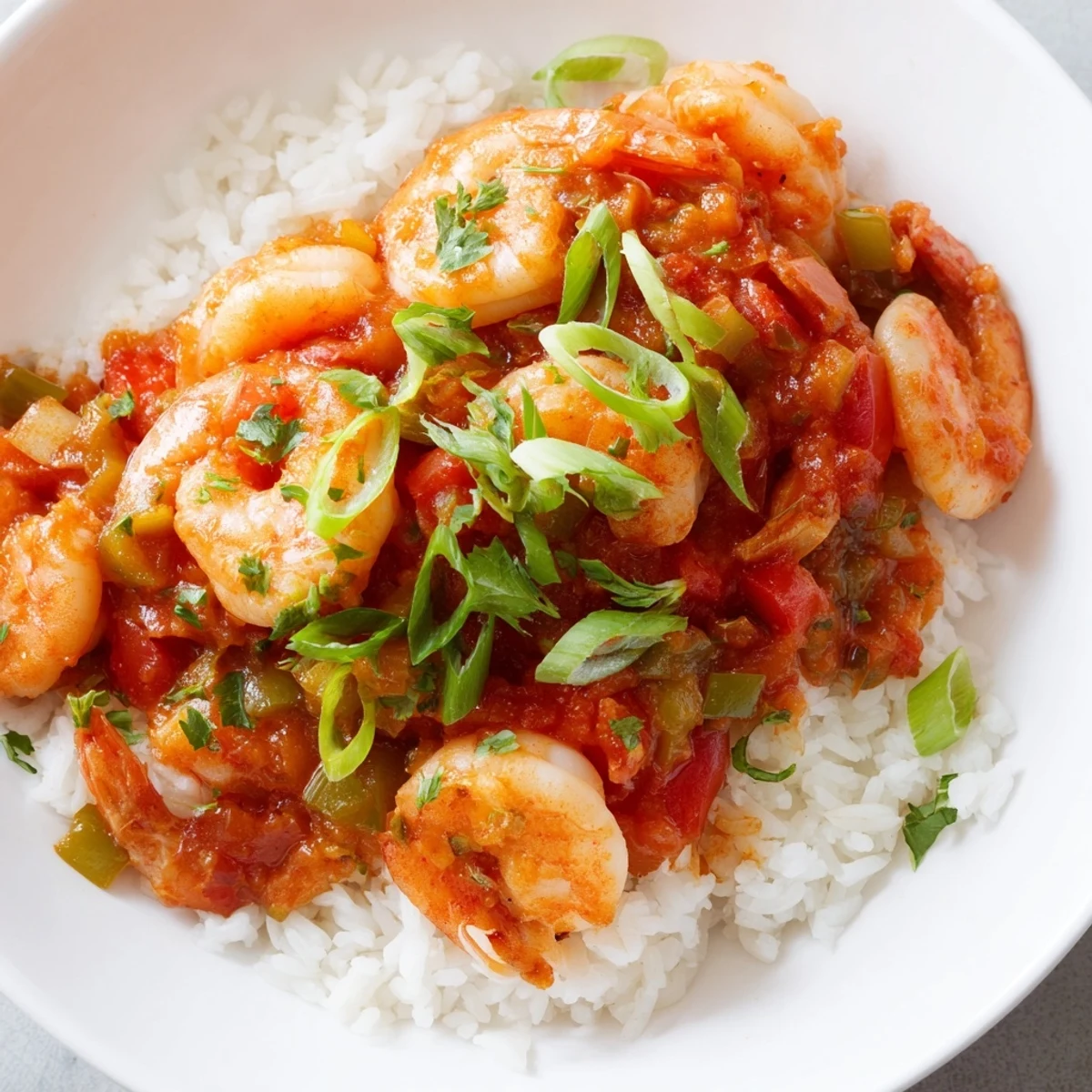 Eine dampfende Schüssel Mardi Gras Shrimp Creole mit knallroten Garnelen und gewürzten Creole-Saucen.