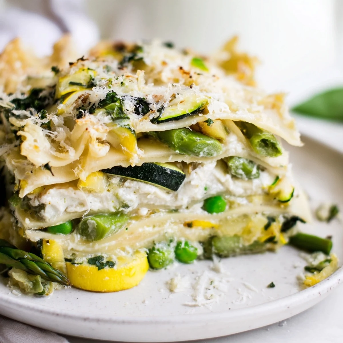 Layered Spring Vegetable Lasagna with White Sauce reveals asparagus, zucchini, and creamy béchamel in a family-style dish.