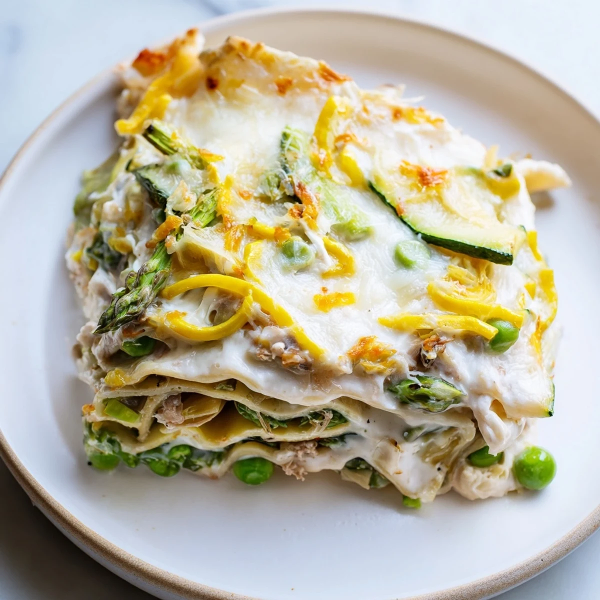 Golden-brown Spring Vegetable Lasagna with White Sauce, topped with bubbling mozzarella and fresh herbs on a rustic table.