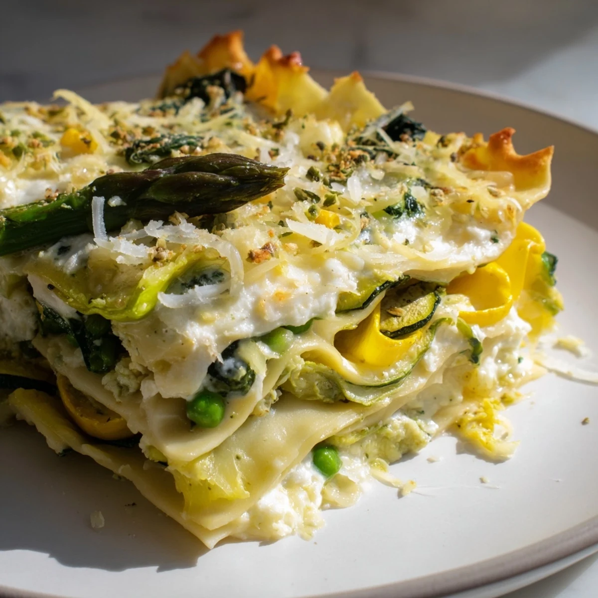 Slice of Spring Vegetable Lasagna with White Sauce on a plate, creamy sauce oozing, paired with a crisp green salad.