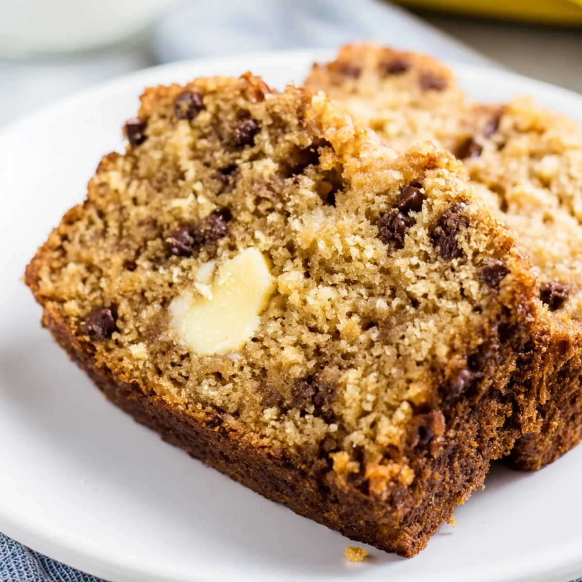 Feuchtes Chocolate Chip Banana Bread mit geschmolzenen Schokoladenstückchen auf einem hölzernen Brett.