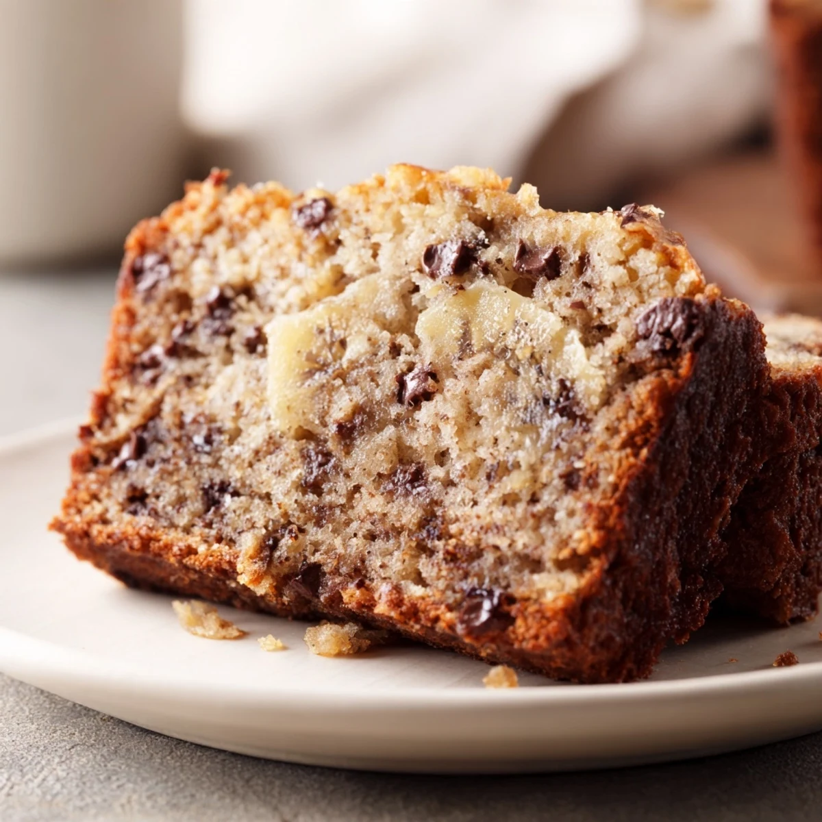 Geröstete Walnüben auf dem frisch gebackenen Chocolate Chip Banana Bread für Crunch und Aroma.