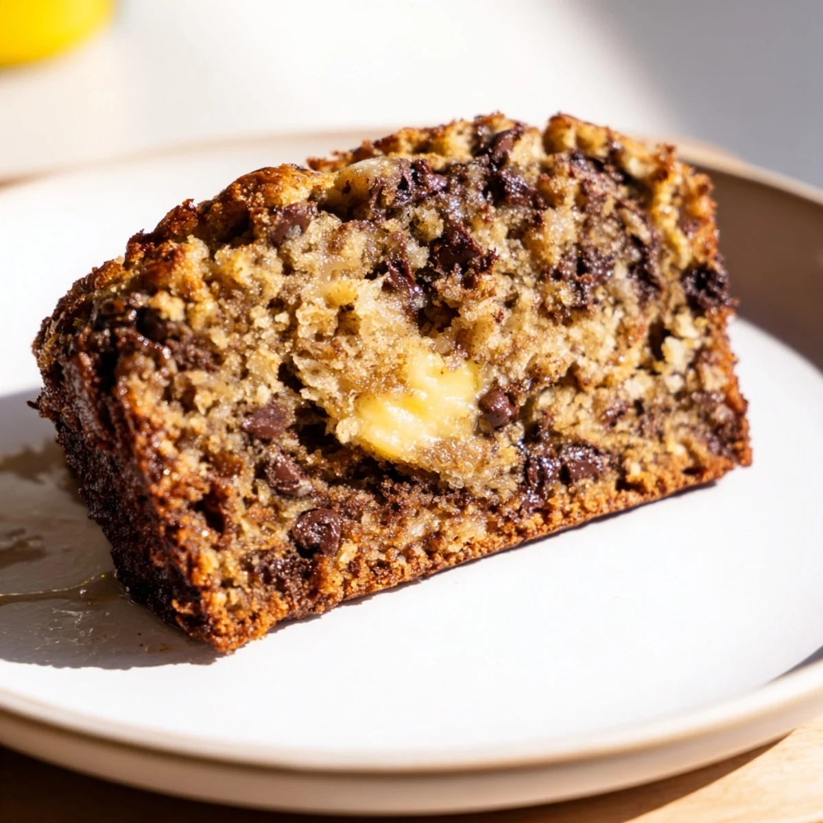Ein Scheibe Chocolate Chip Banana Bread serviert mit Butter und einer Tasse Kaffee.