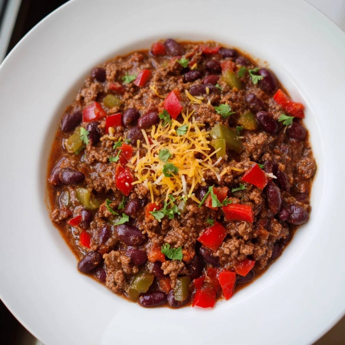 Beef and Bean Chili mit saftigem Rindfleisch und Bohnen auf einem Teller, flankiert von einer reichhaltigen Maisbrot-Scheibe mit Butter – perfekt für einen kühlen Abend im US-Herbst oder Winter.