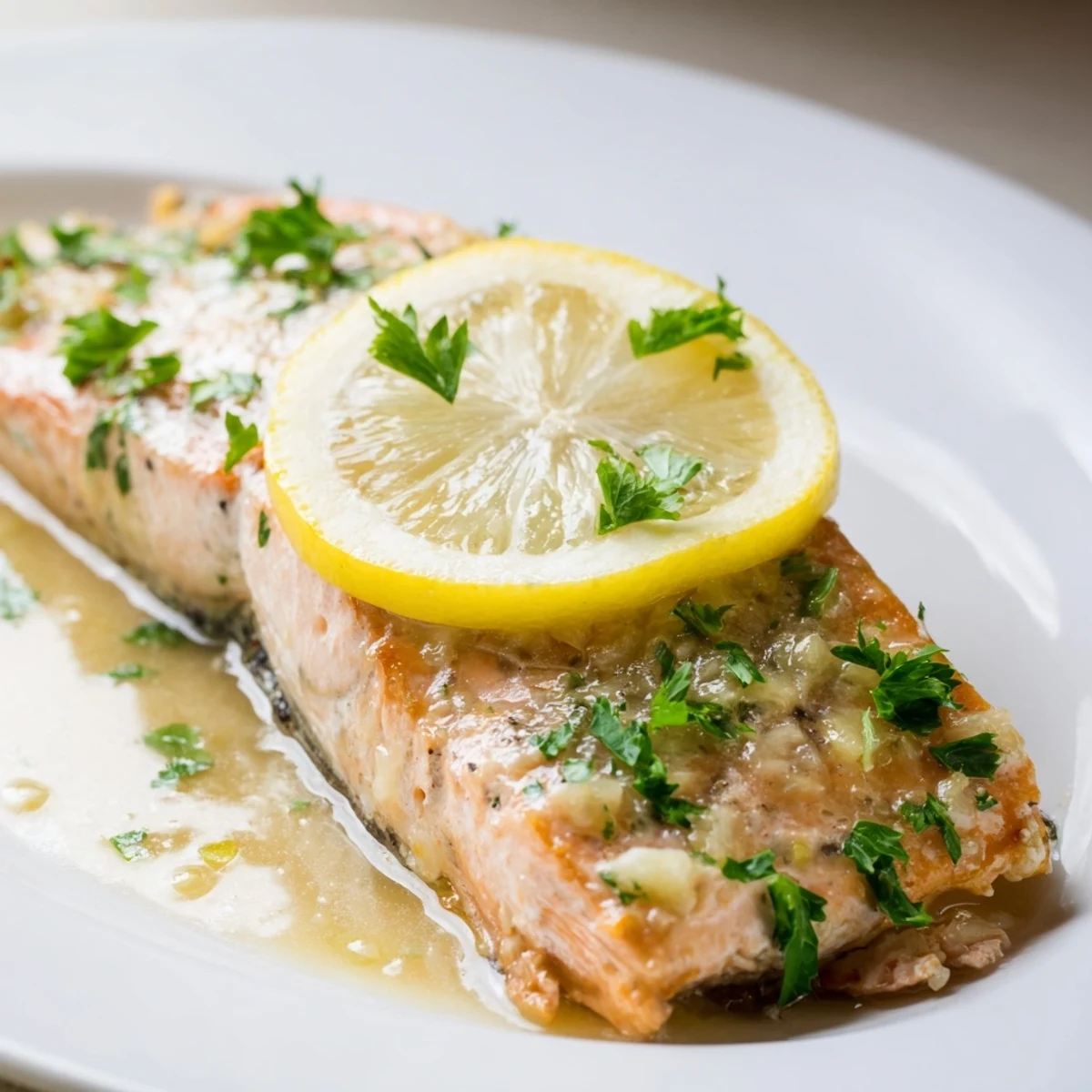 Goldbraun gebackener Lemon Garlic Butter Salmon, auf einer weißen Platte mit Reis und grünem Salat serviert.