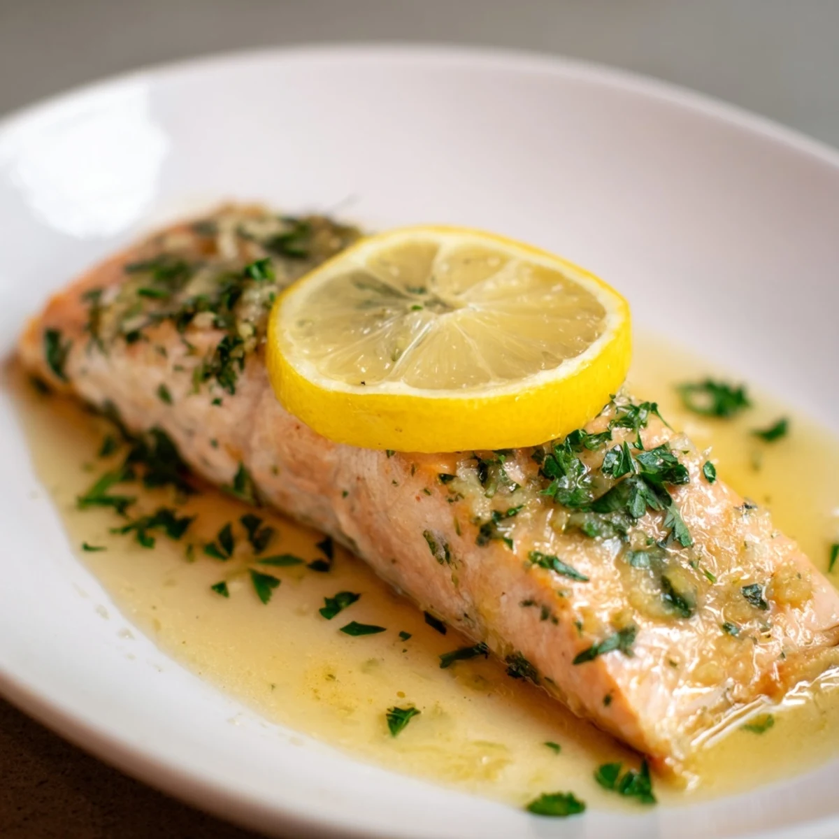 Saftiges, zartes Lemon Garlic Butter Salmon, übergossen mit einer glänzenden Zitronen-Knoblauch-Butter-Sauce und frischen Kräutern.