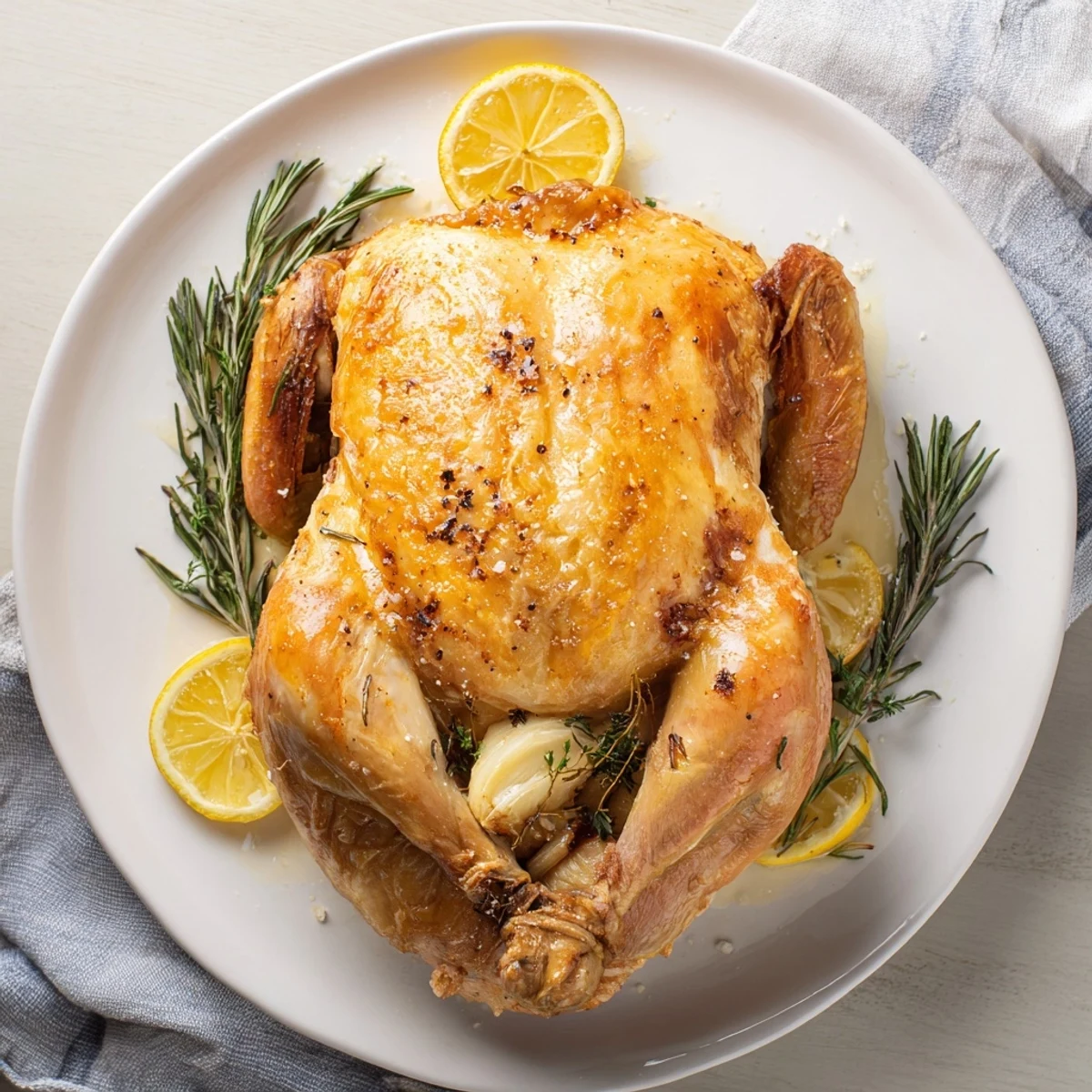 Goldenes Ganit huhn mit Zitrone und Rosmarin liegt duftend auf Ofengemüse, bereit zum Servieren.