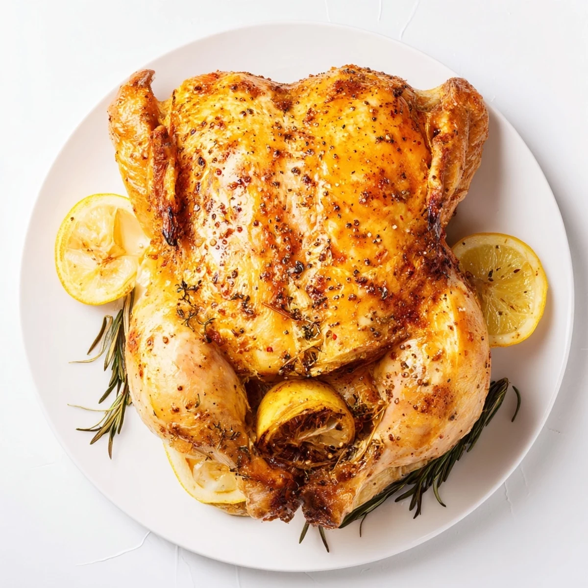 Saftiges Ganit huhn mit Zitrone und Kräutern auf rustikalem Holzbrett mit frischen Karotten und Zwiebeln.