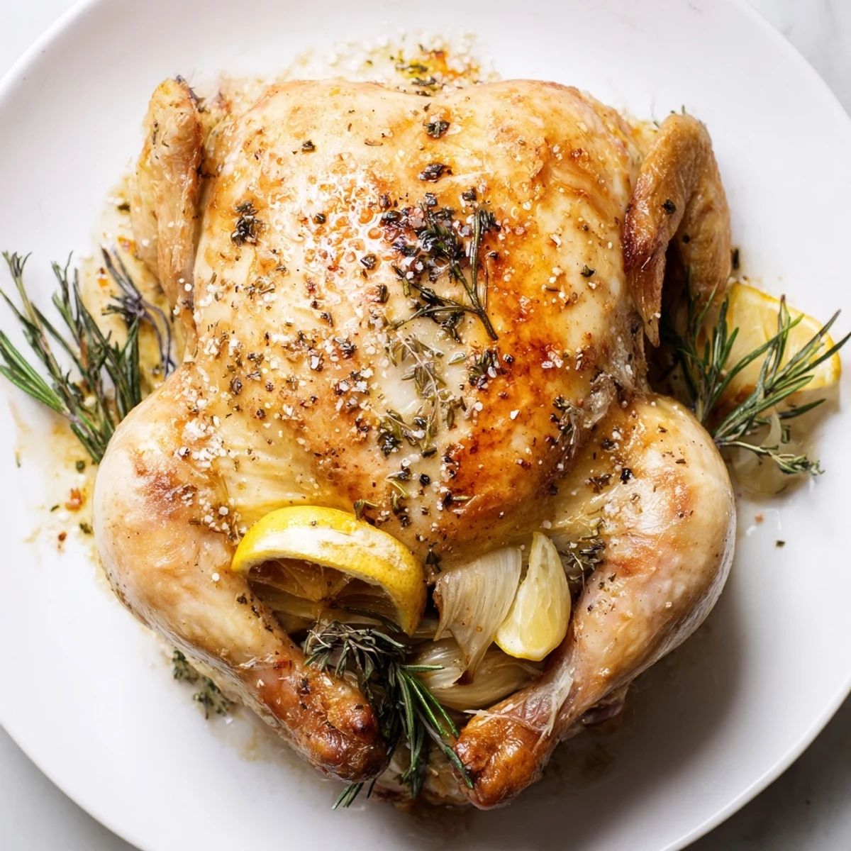 Geröstetes Ganit huhn mit Zitrone und Kräutern, knusprig gebraten und mit würziger Paprika gewürzt.