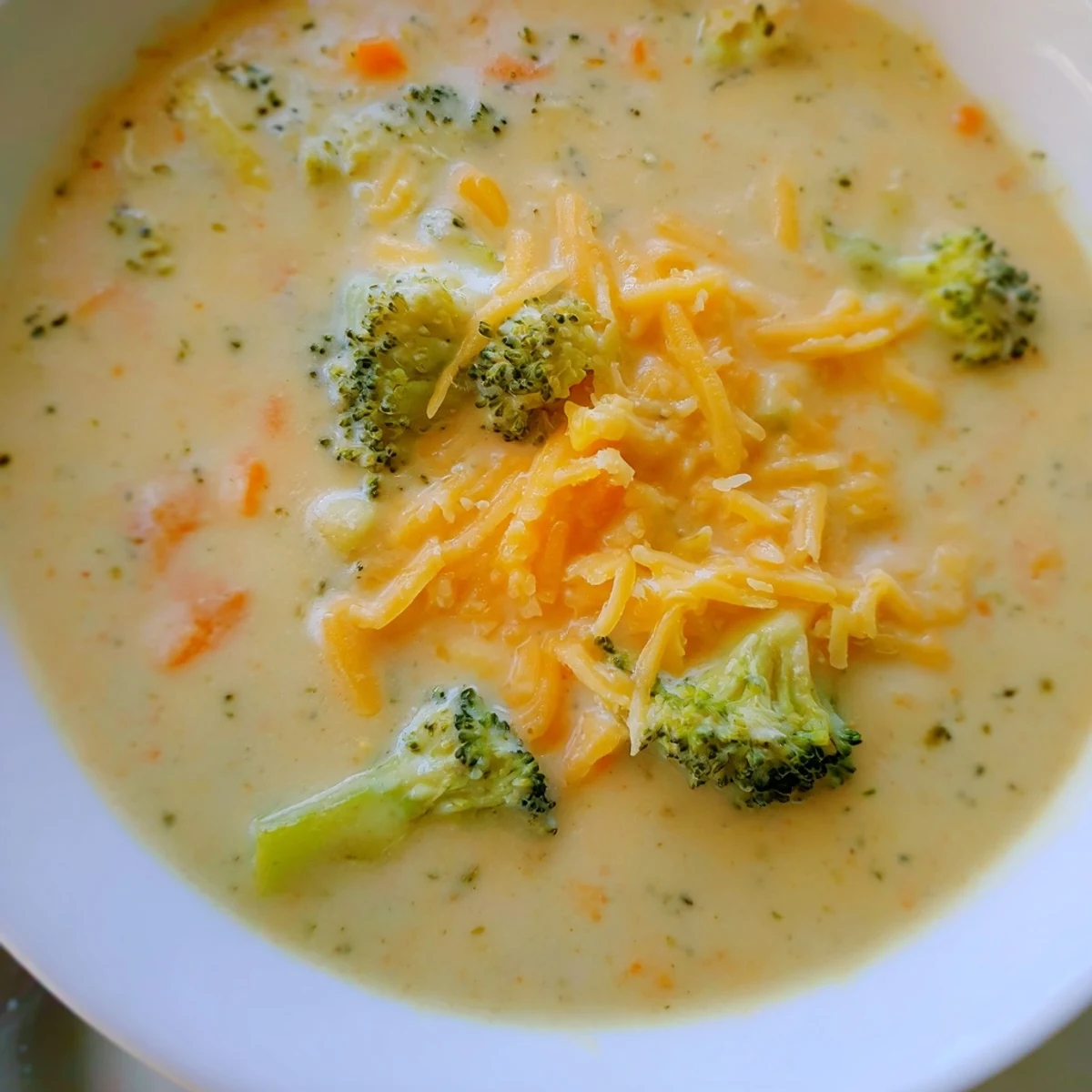 A bowl of creamy broccoli cheddar soup topped with melted cheddar and crusty bread.
