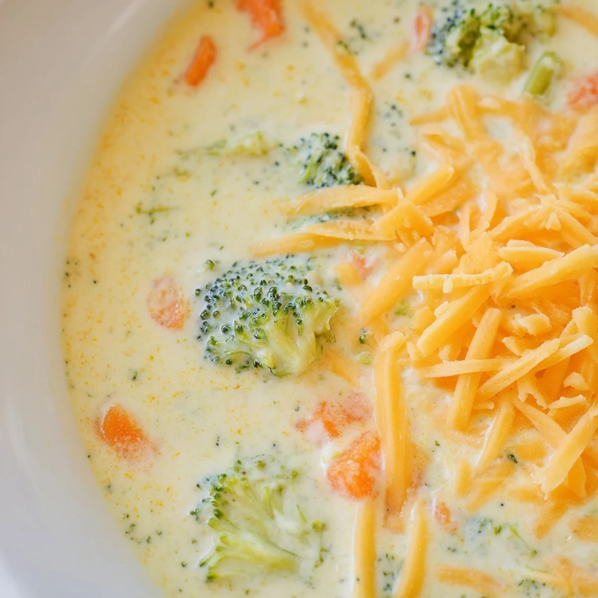 Creamy broccoli cheddar soup in a rustic bowl with steam rising and crusty bread on the side.