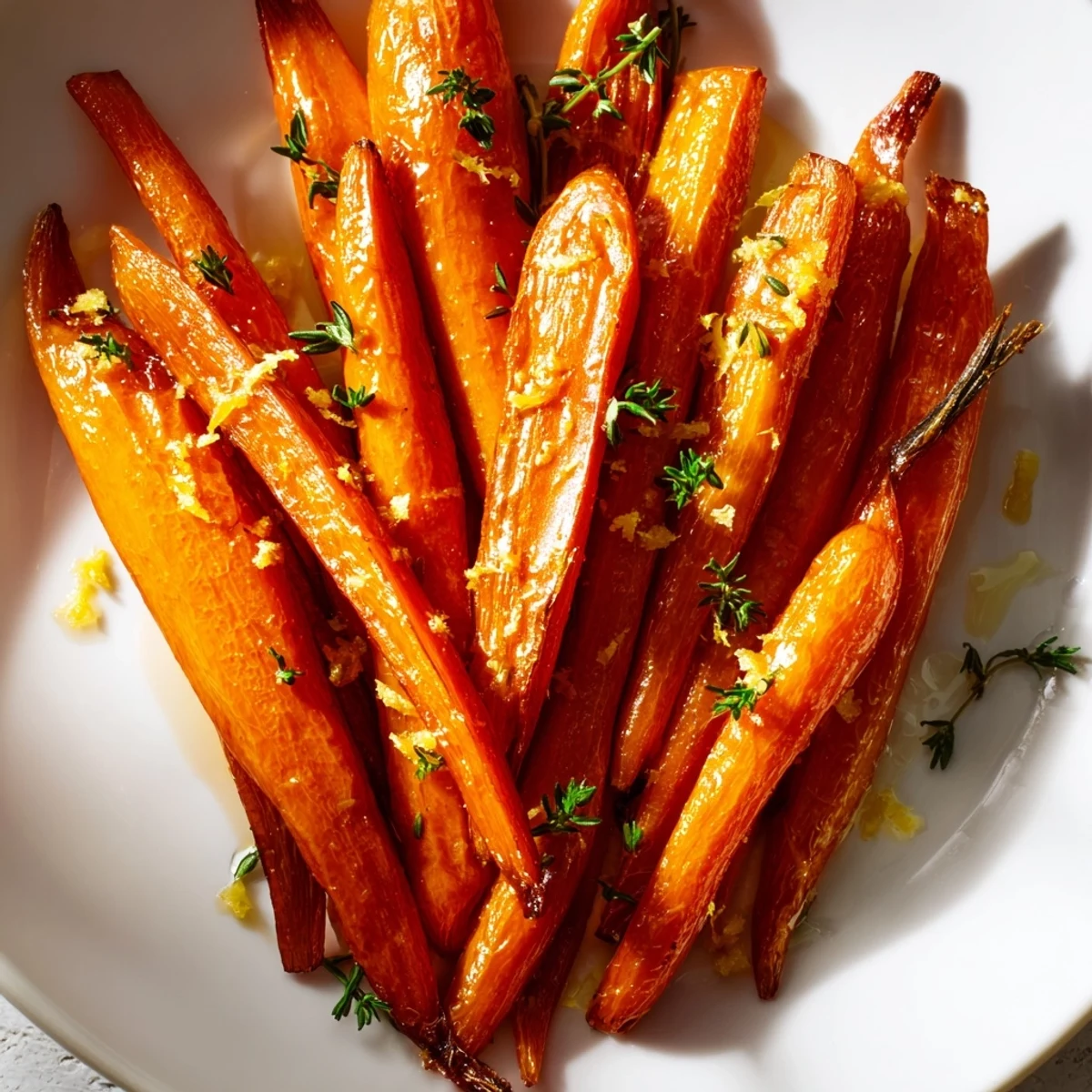 Gefüllte, honigglasierte Karottenstangen mit frischem Thymian auf einer Holzplatte serviert