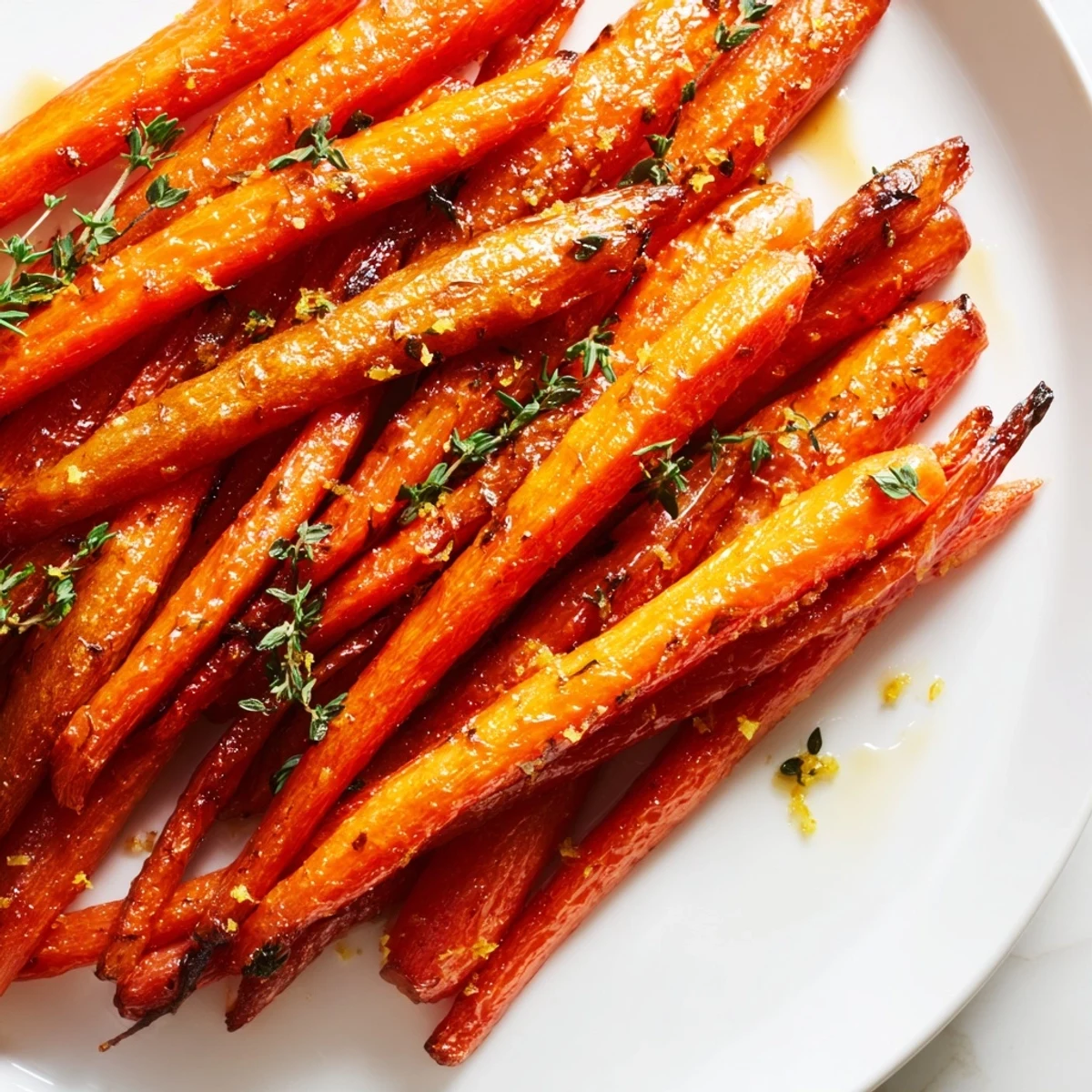 Glasierter Karotteneintopf mit Honig und Thymian warm auf einem Tellern mit frischer Petersilie garniert