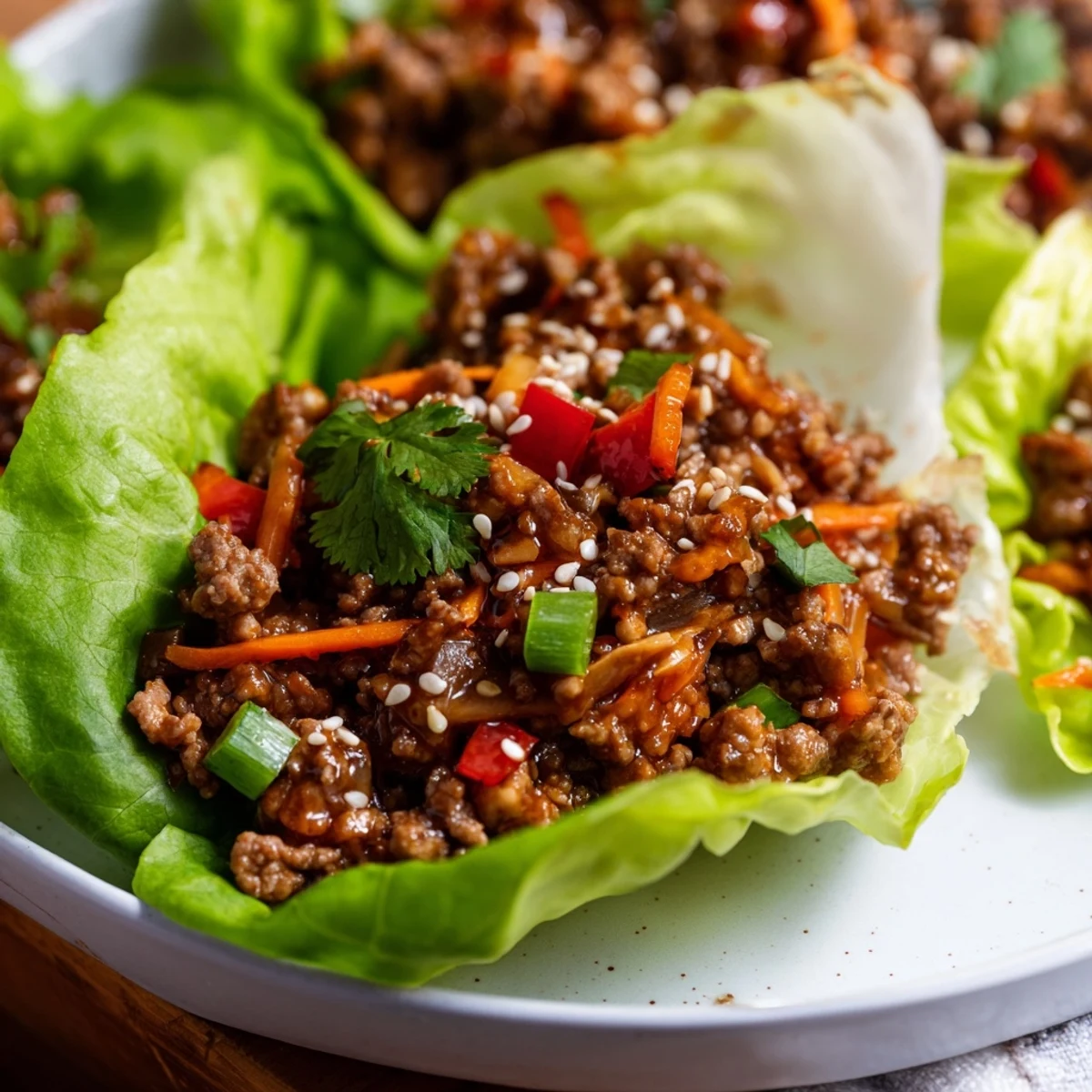 Savory Beef Lettuce Wraps with Hoisin Sauce nestled in crisp green cups, garnished with sesame seeds.  