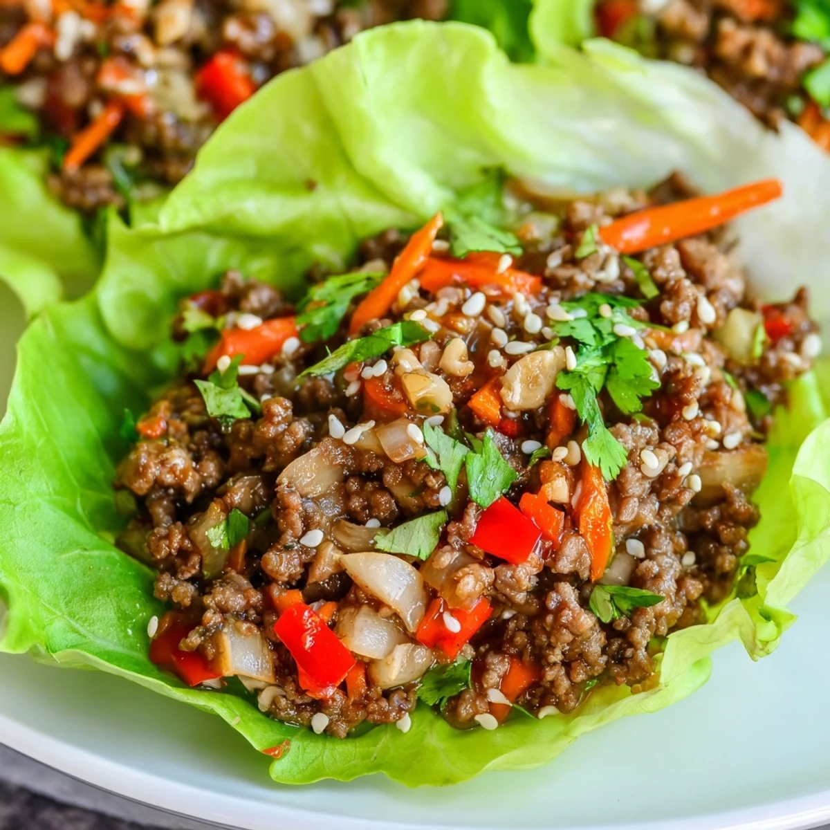 A close-up of tender ground beef Lettuce Wraps with Hoisin Sauce, spooned into fresh lettuce leaves.  