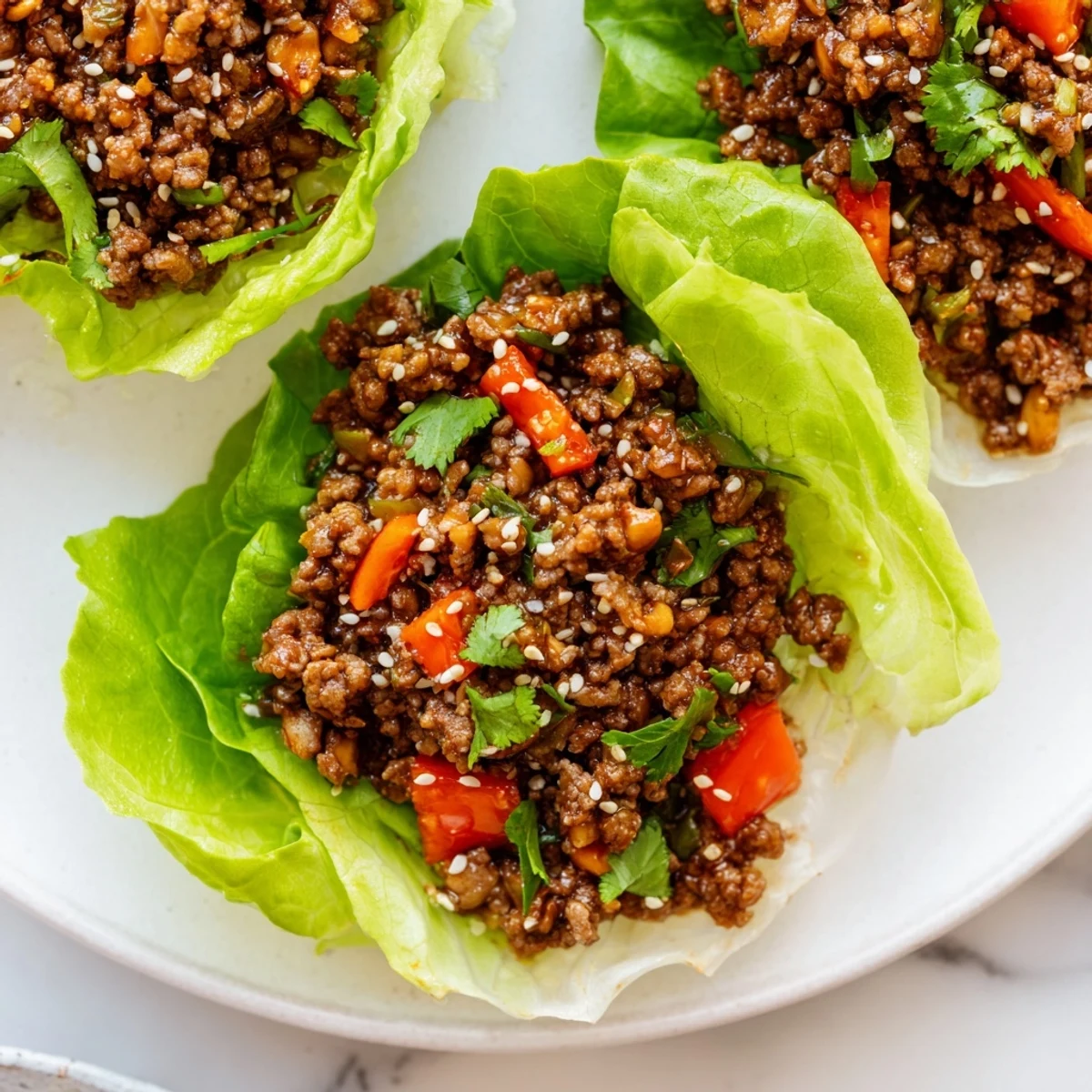 Colorful Beef Lettuce Wraps with Hoisin Sauce featuring shredded carrots, bell peppers, and cilantro garnish.