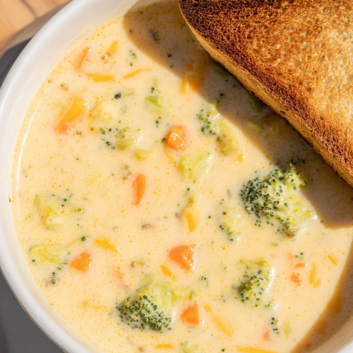 A close-up of Creamy Broccoli Cheddar Soup with Bread, featuring velvety green soup, golden cheddar swirls, and crusty bread for dipping.