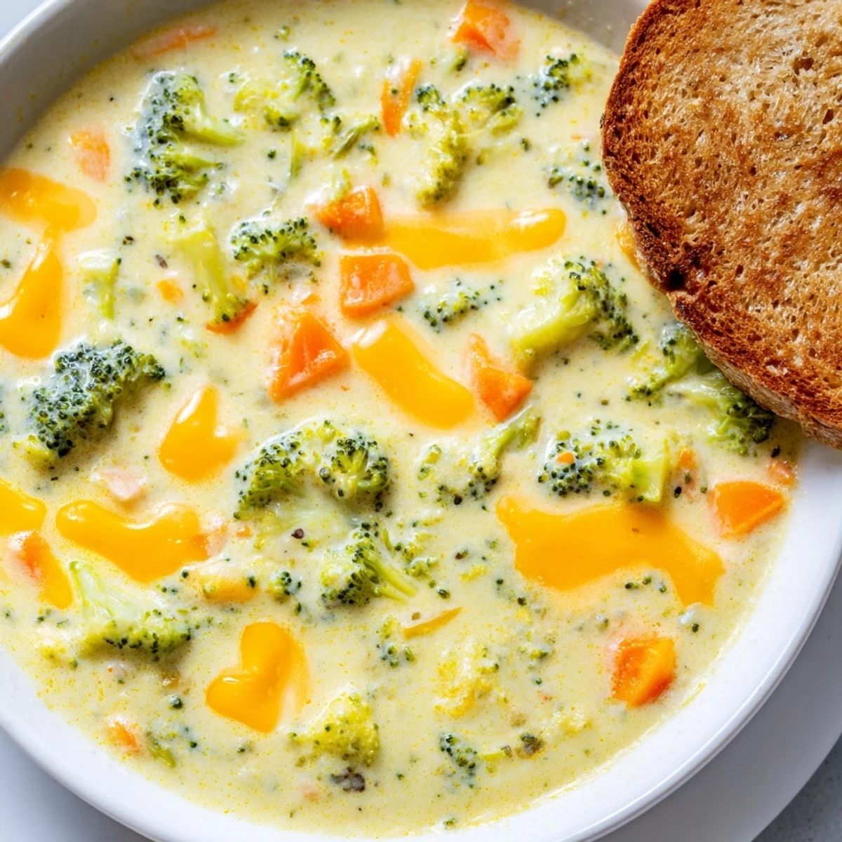 Creamy Broccoli Cheddar Soup with Bread served hot in a rustic bowl, topped with melted cheese and a slice of toasted sourdough on the side.