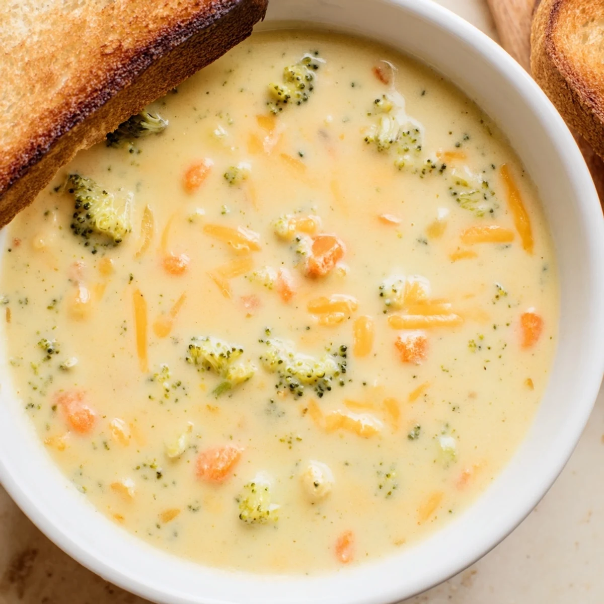 Steaming bowl of Creamy Broccoli Cheddar Soup with Bread, garnished with fresh thyme and a thick slice of buttered toast.