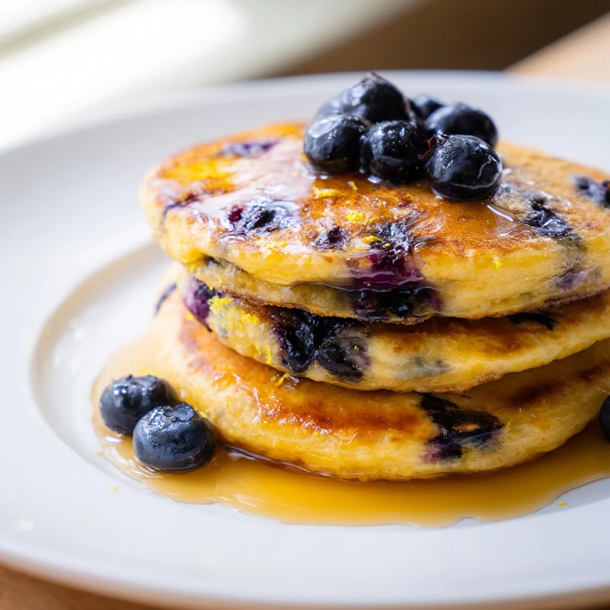 Goldene Lemon Blueberry Pancakes mit zuckersüßer Ahornsirup-Drizzle auf einem Holzteller.