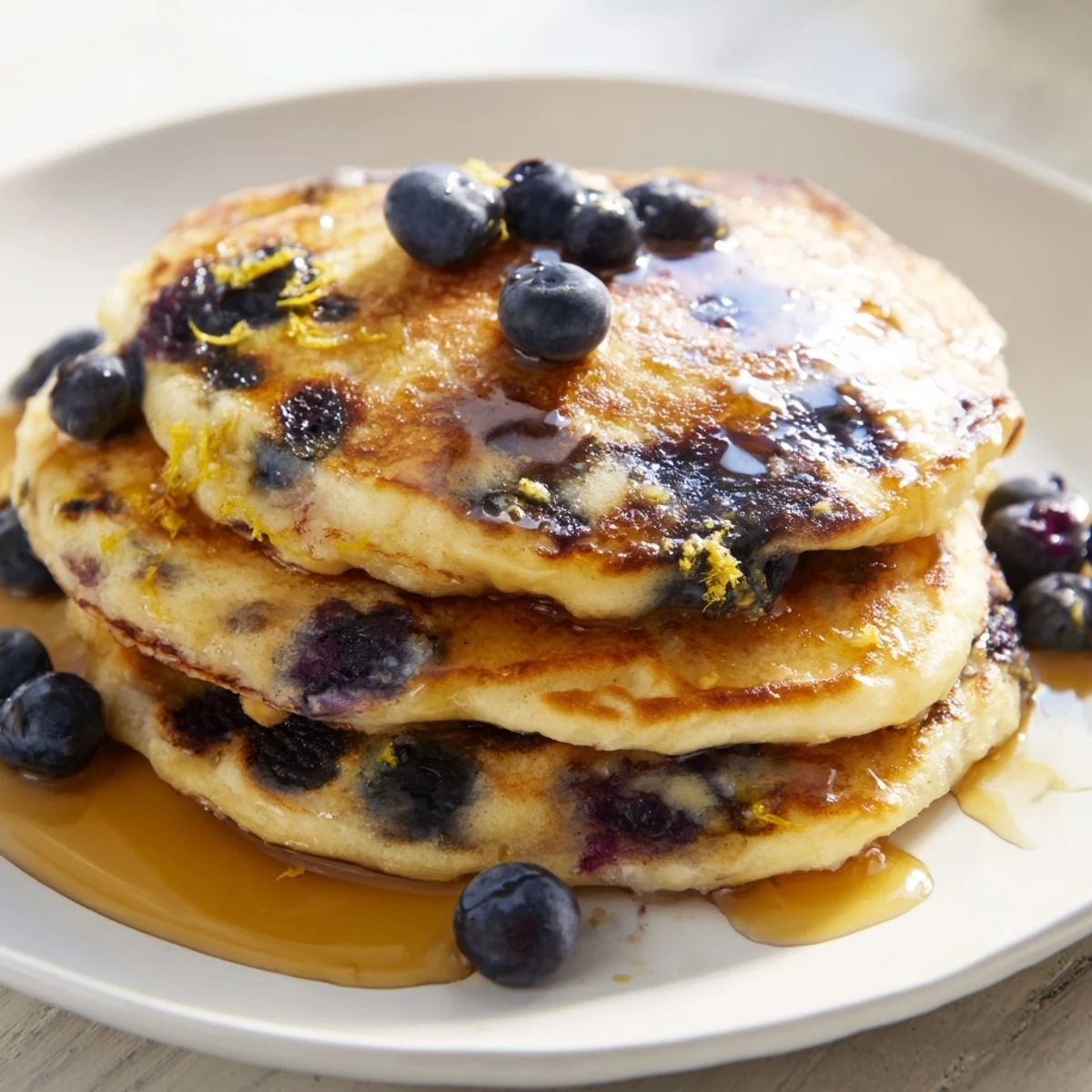 Gepufferte Lemon Blueberry Pancakes mit Blaubeeren und flüssigem Sirup, serviert im US-Frühstil.