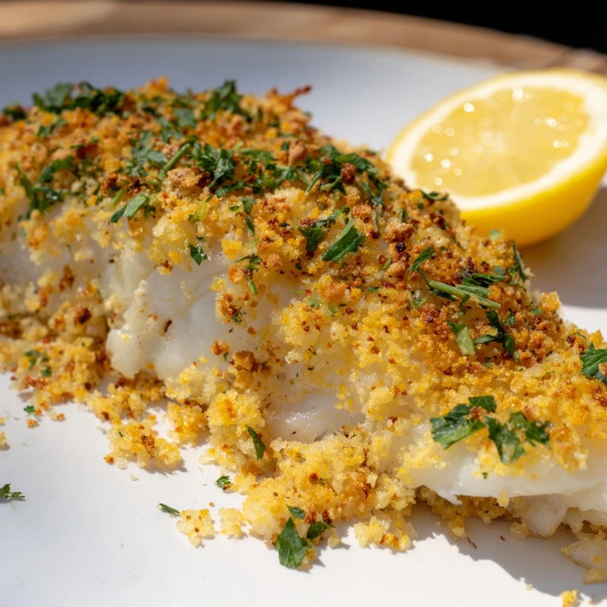 Saftiger Backfisch mit goldbrauner Krackerkruste auf dem Backblech