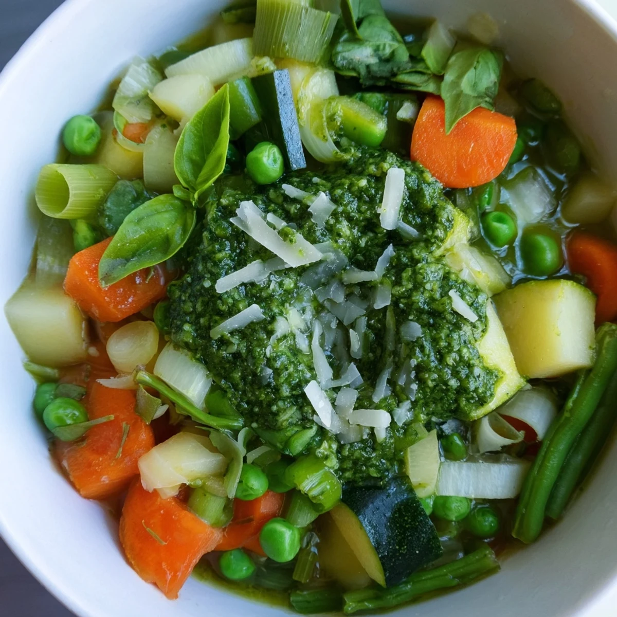 Steam aus der Frühlingsgemüsesuppe mit Pesto steigt vom Teller auf, mit zarten Möhren und grünen Bohnen.