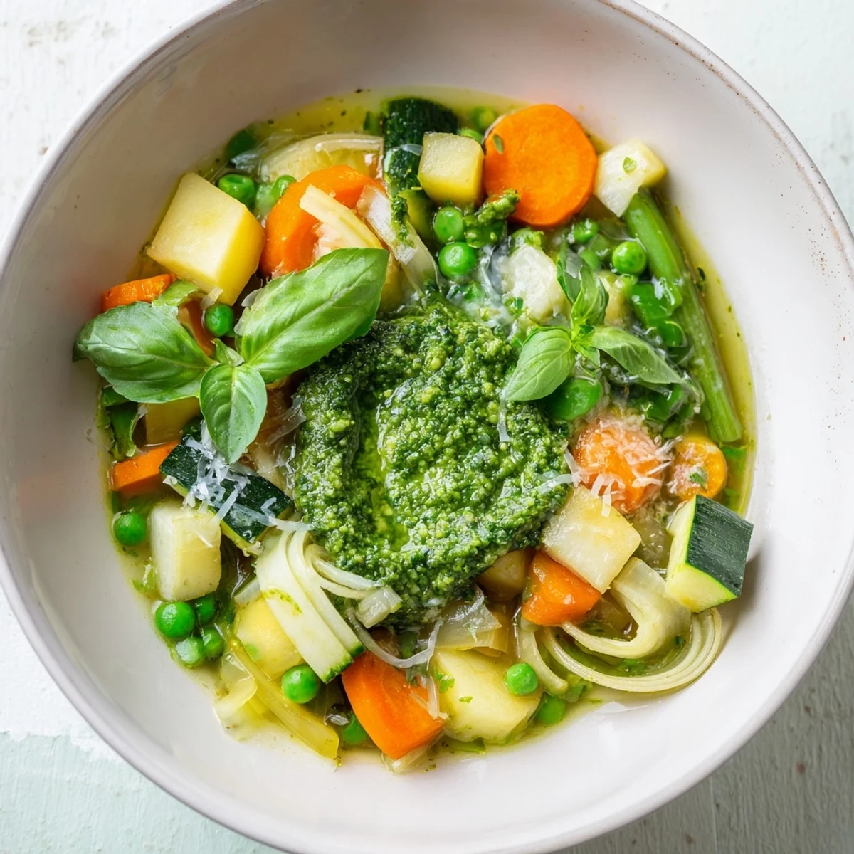 Eine dampfende Schüssel der Frühlingsgemüsesuppe mit Pesto zeigt saftige Zucchini und grünes Spinat.