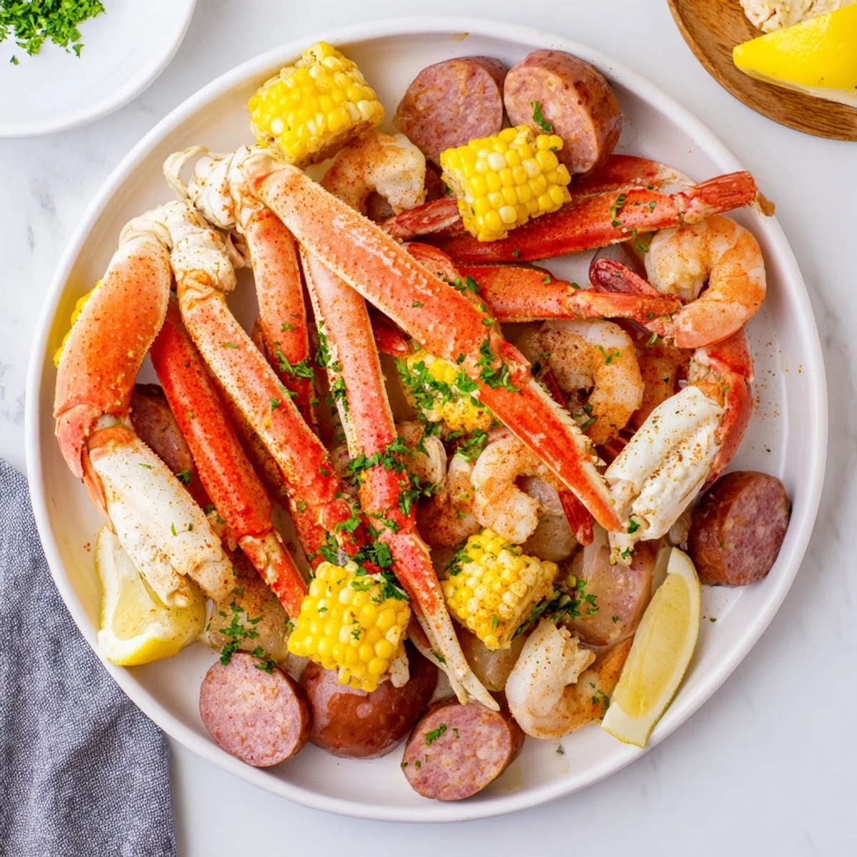 Ein dampfender Cajun Seafood Boil mit Mais und garniert mit frischer Petersilie auf einem Holztisch.  