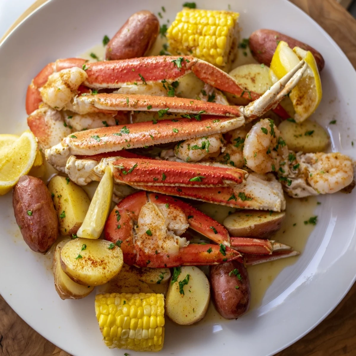 Scharfer Cajun Seafood Boil mit Krabbenbeinen, Garnelen und Maiskolben auf Zeitungspapier.  