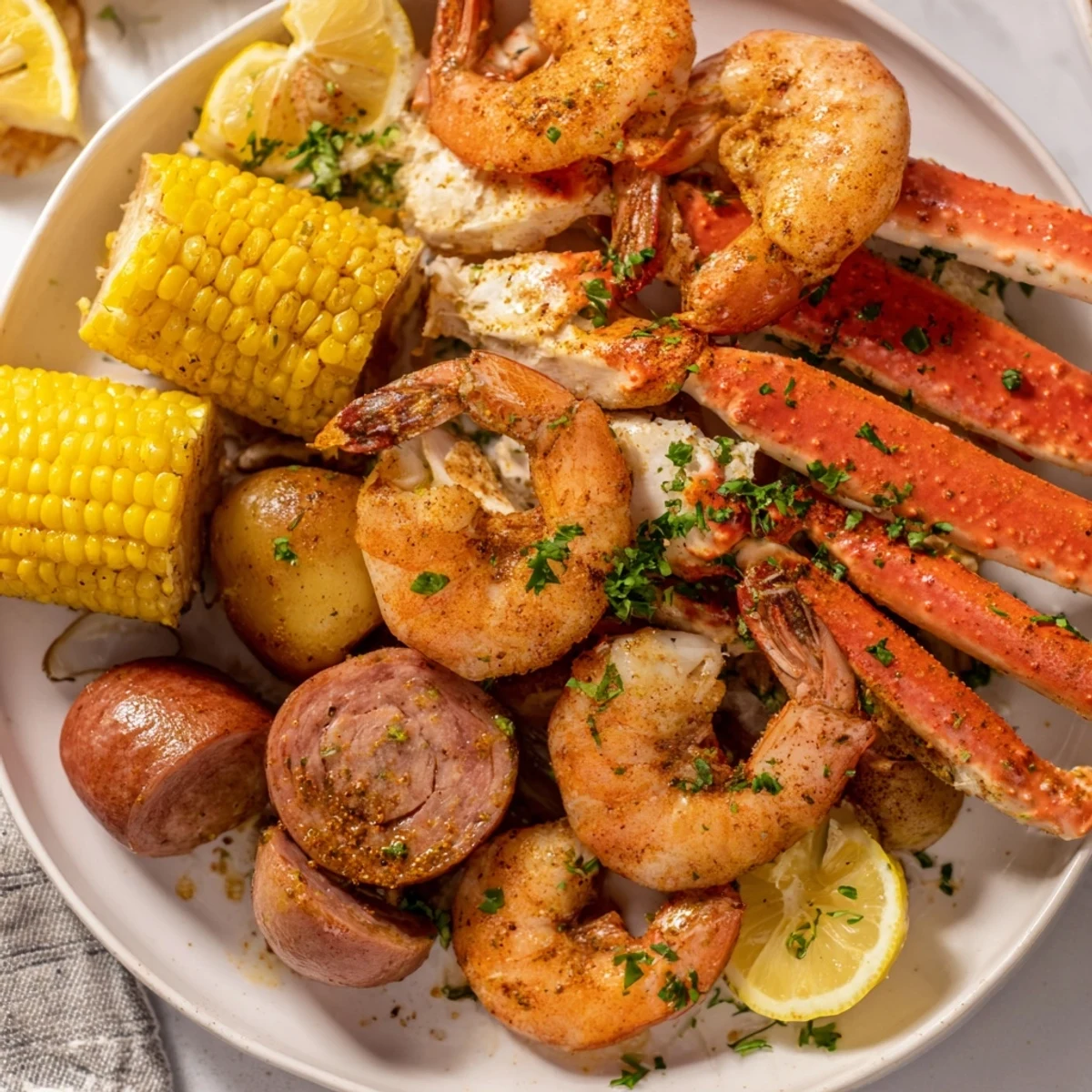 Üppiger Cajun Seafood Boil mit Muscheln, Wurst und Mais in würziger Brühe.