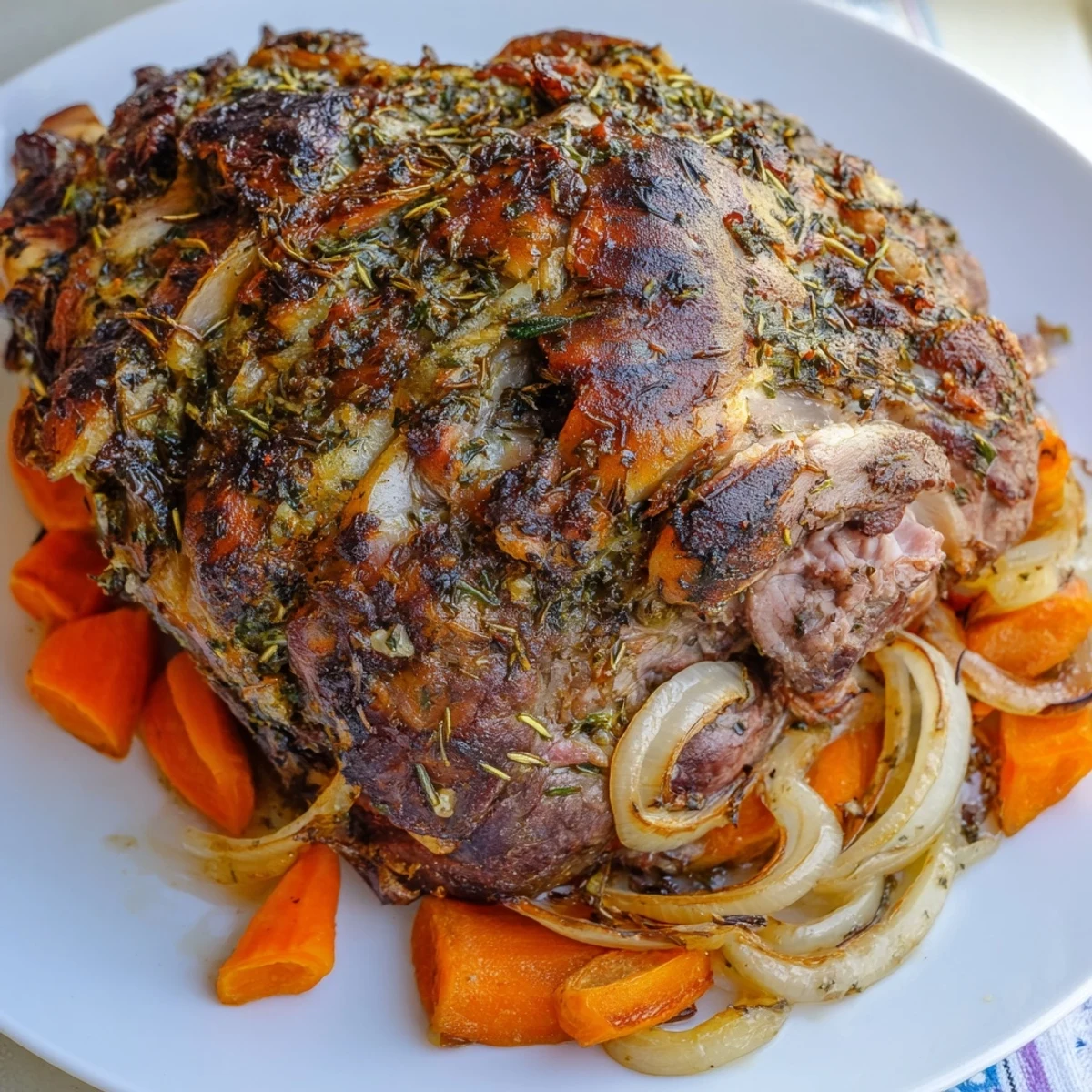 Ein gebratenes Lamm-Schulterstück mit Kräutern, perfekt für ein festliches Abendessen, serviert mit saftigem Fleisch und aromatischem Kruste.