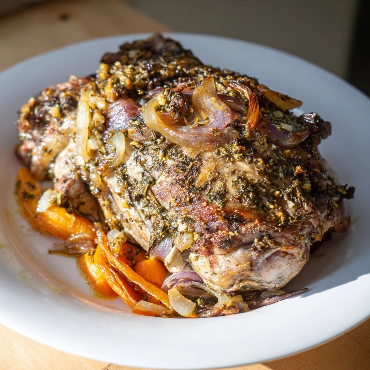 Ein herzhaftes Lamm-Schulterstück mit Kräutern, langsam gebraten bis es zart vom Knochen fällt, angerichtet auf einem rustikalen Teller.