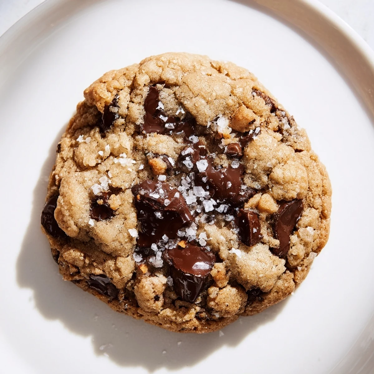 Nahaufnahme von Chocolate Chip Cookies with Sea Salt, mit flüssigem Schokoladenstückchen und funkelnden Salzkristallen auf der Oberfläche.