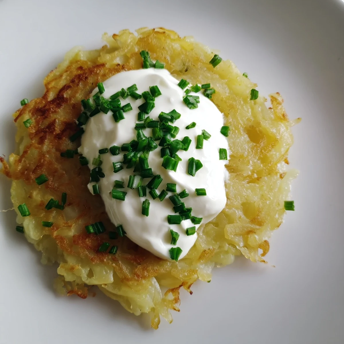 Golden-brown Irish Boxty with Sour Cream pancakes stacked high, topped with a dollop of tangy sour cream and fresh chives.