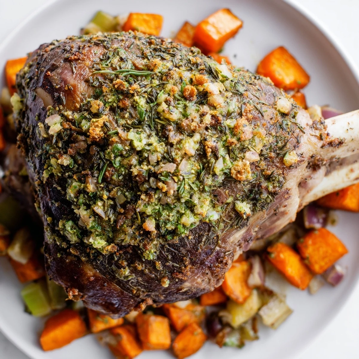 Succulentes Roasted Lamb Shoulder with Fresh Herbs liegt goldbraun auf einem Holztisch, umgeben von knusprigen Karotten und Zwiebeln.  