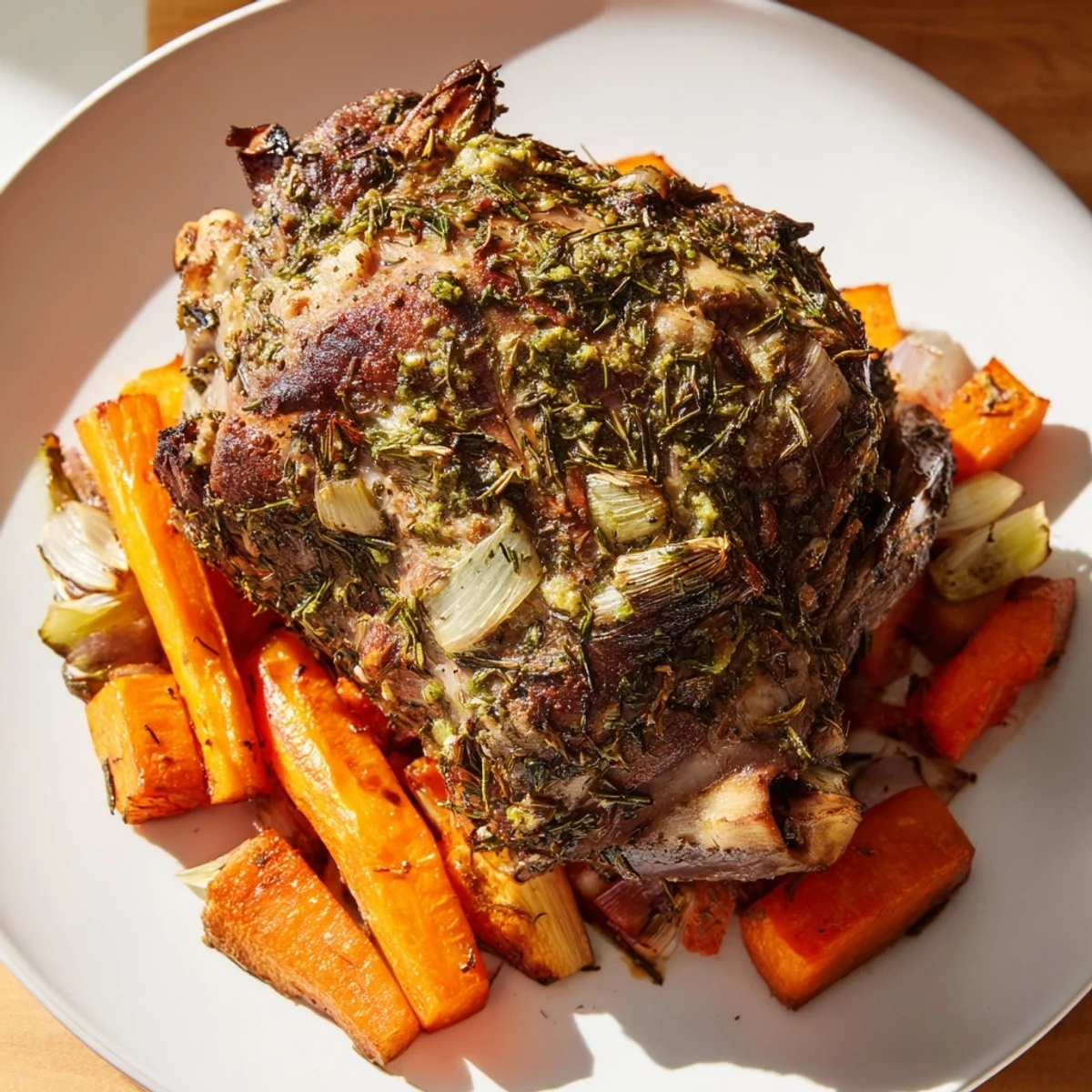 Sahnige Scheiben Roasted Lamb Shoulder with Fresh Herbs auf einem rustikalen Teller, beträufelt mit jus und frischen Kräutern.