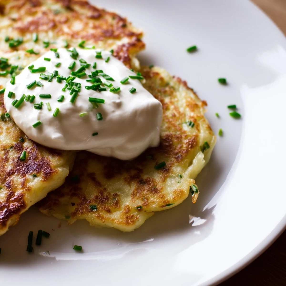 Golden-brown Irish Boxty with Sour Cream and Chives sizzling in a skillet, ready to serve for breakfast.  